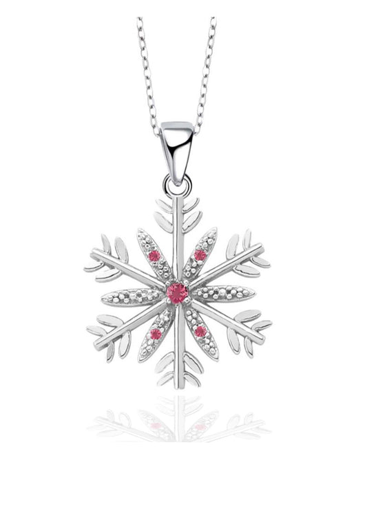 Snowflake  Necklace with Pink Solitaire