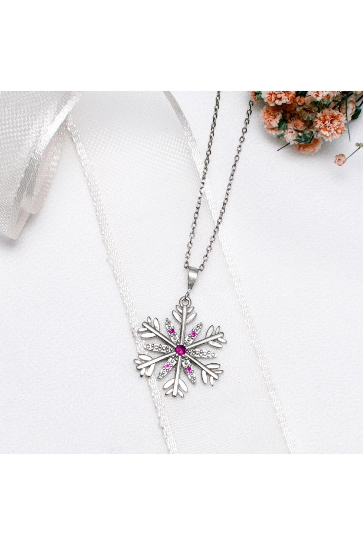 Snowflake  Necklace with Pink Solitaire
