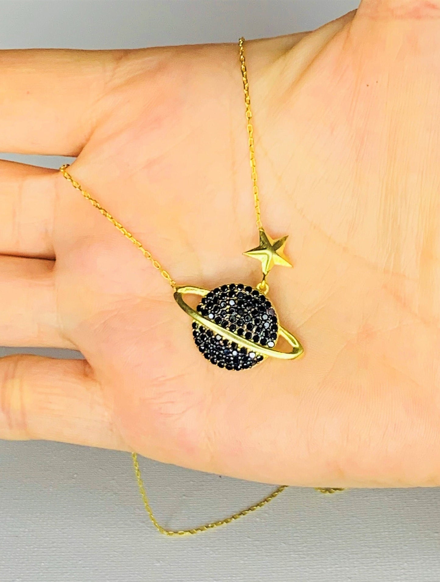 Black Stone Gold Planet Necklace