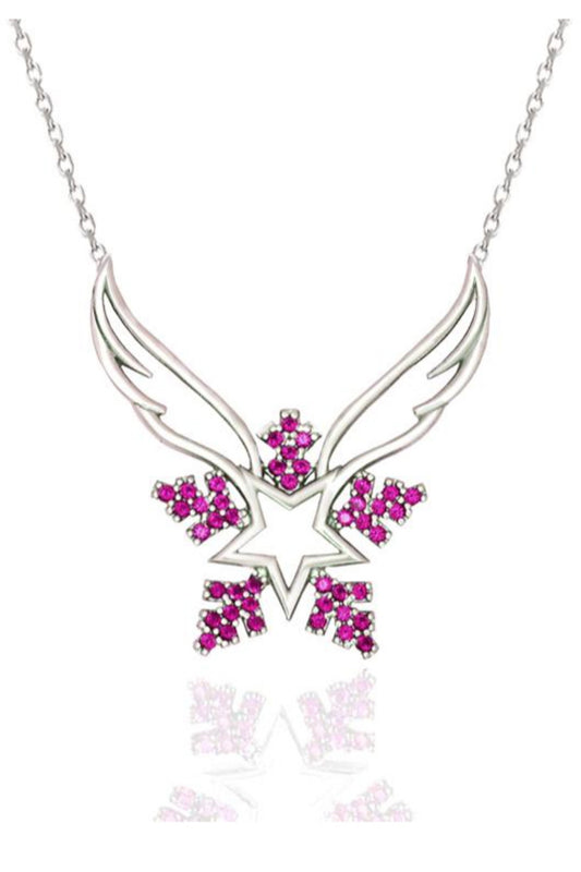 Pink Stone Angel Wing & Snowflake Necklace