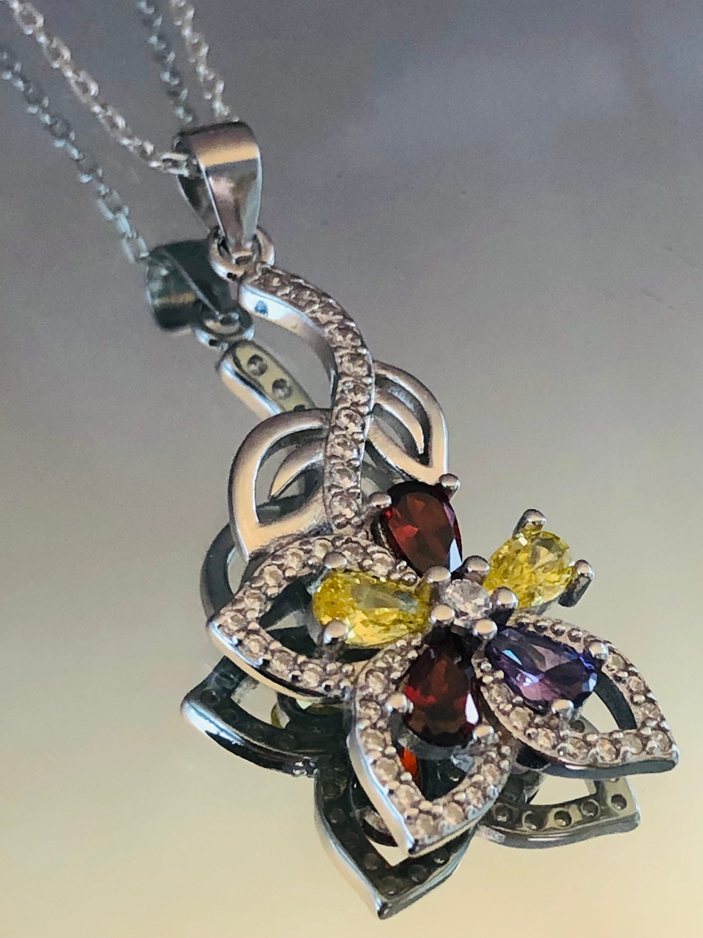 Citrine-Garnet & Sapphire Stone Flower Necklace