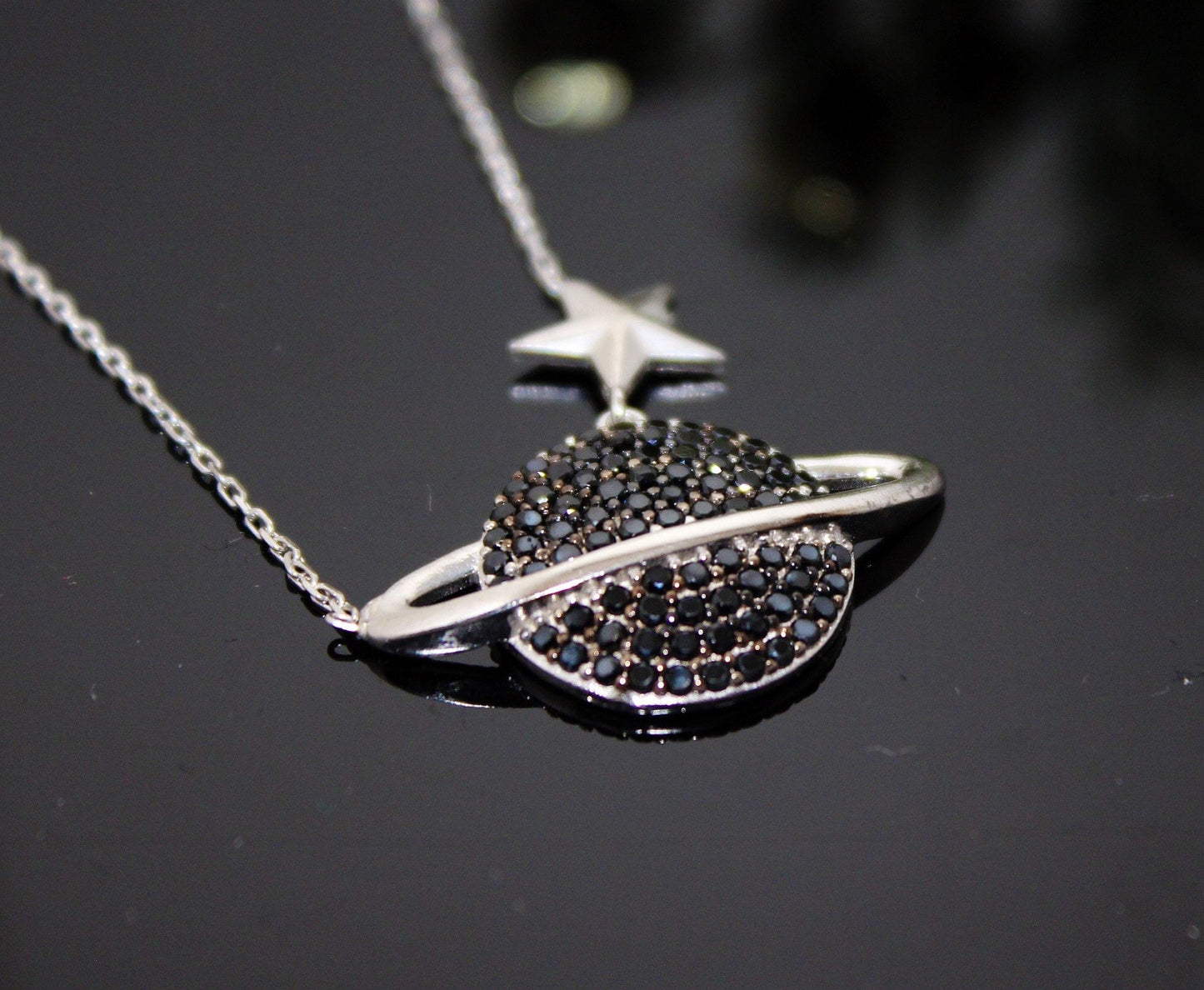 Black Stone Silver Planet Necklace