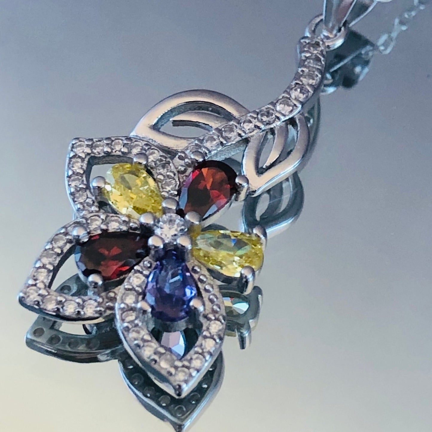 Citrine-Garnet & Sapphire Stone Flower Necklace