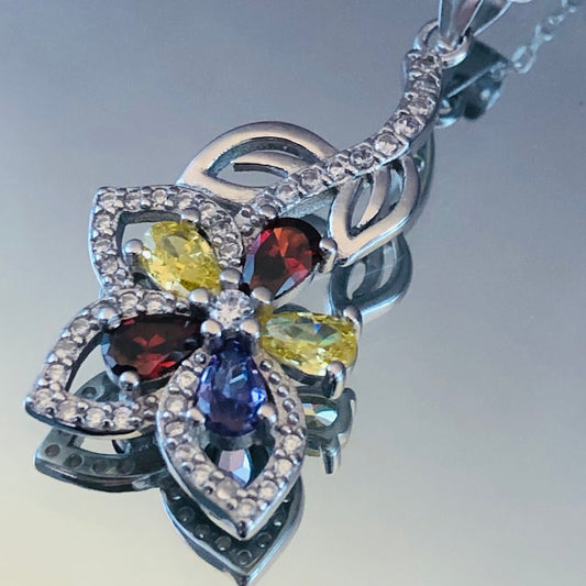 Citrine-Garnet & Sapphire Stone Flower Necklace