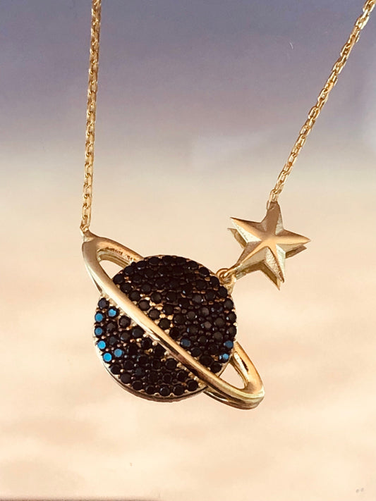 Black Stone Gold Planet Necklace