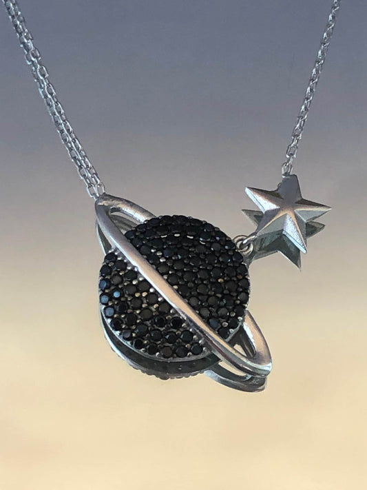 Black Stone Silver Planet Necklace